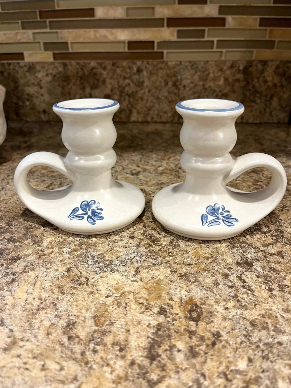Vintage Pfaltzgraff Yorktowne White and Blue Floral Candle Holders - Set of 2